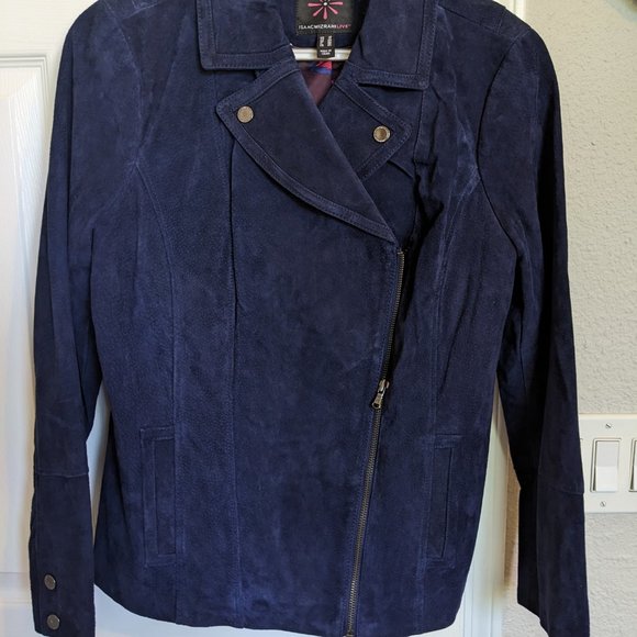 Isaac Mizrahi Navy SUEDE MOTO Jacket | 10 | EUC - Picture 2 of 10